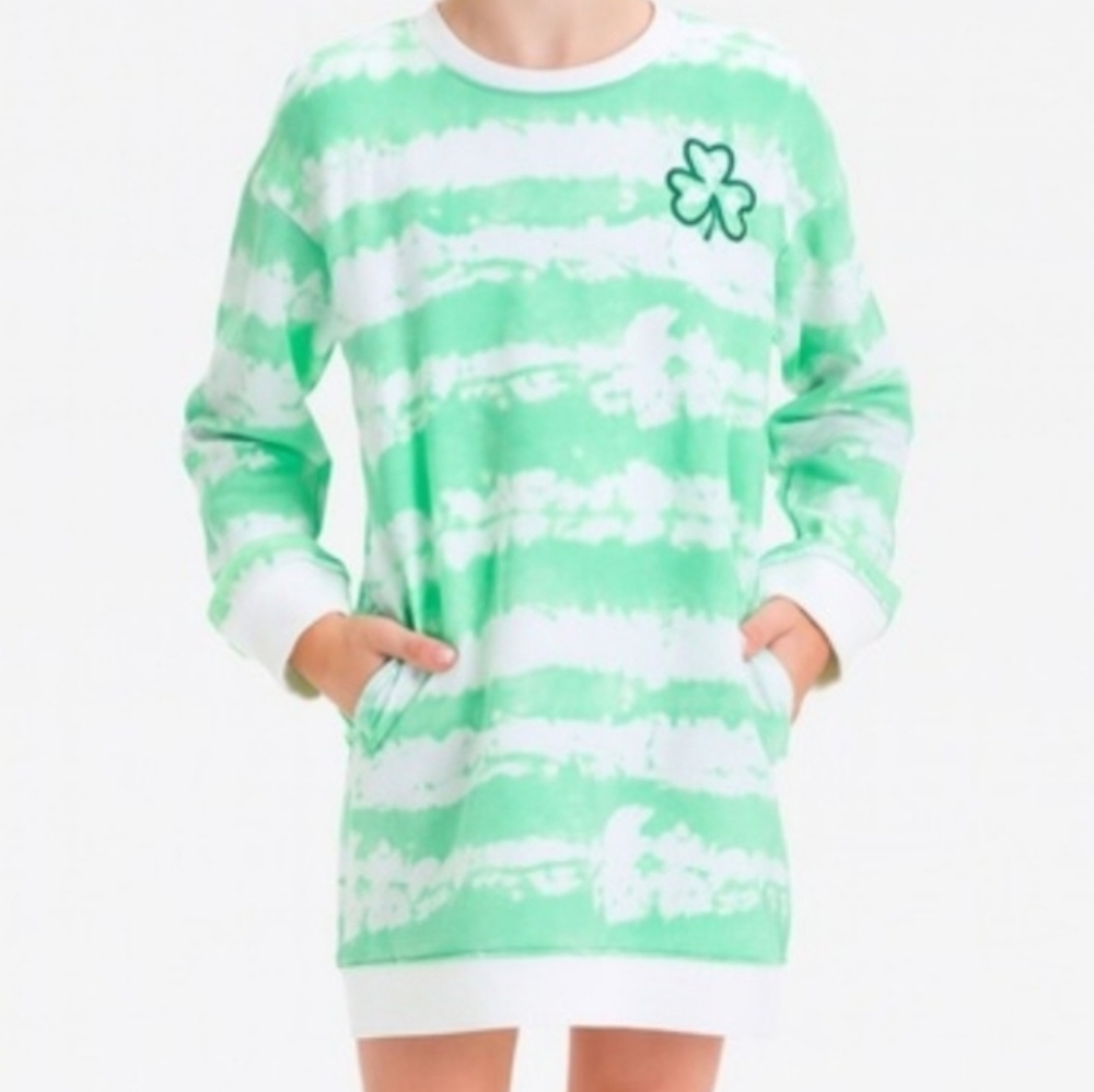 Cat & Jack Green & White Striped Kids Casual Shamrock Sweatshirt Dress